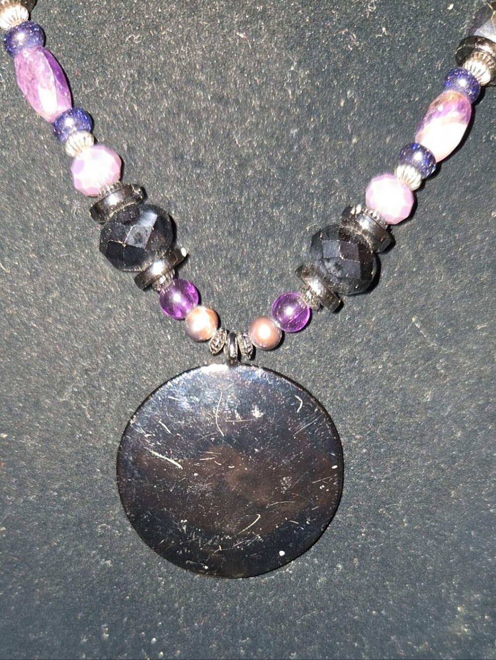 Chico’s Purple Beaded Pavé Disc Pendant Statement Necklace Silver Tone - Picture 7 of 10